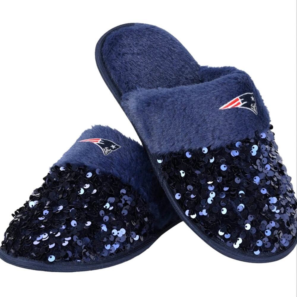 New NFL New England Patriots Blue Slippers Sequin‎ Glamour Women Size 7- 8
